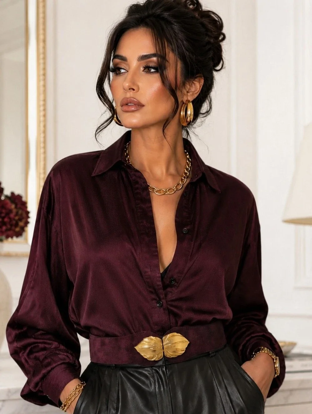 Red Wine Suede Leather With Gold Tone Buckle Stretchy Belt M